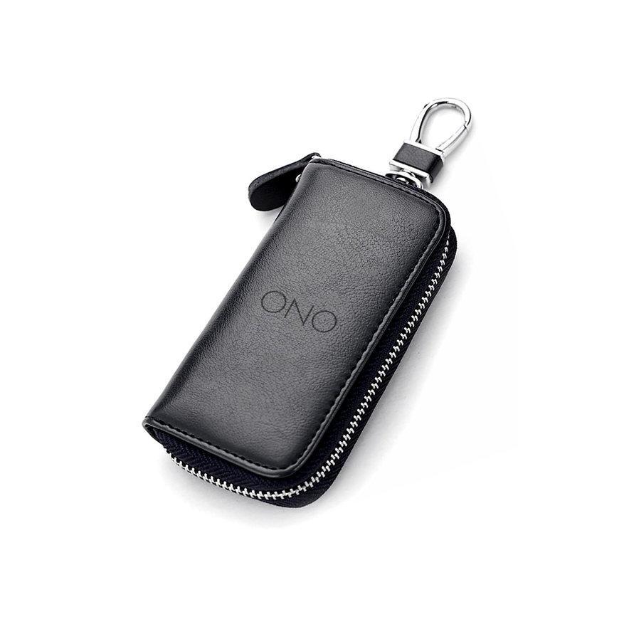 The ONO Roller Premium Keychain Case is a black leather zippered pouch with a metal clasp and embossed ONO logo, shown on a white background.