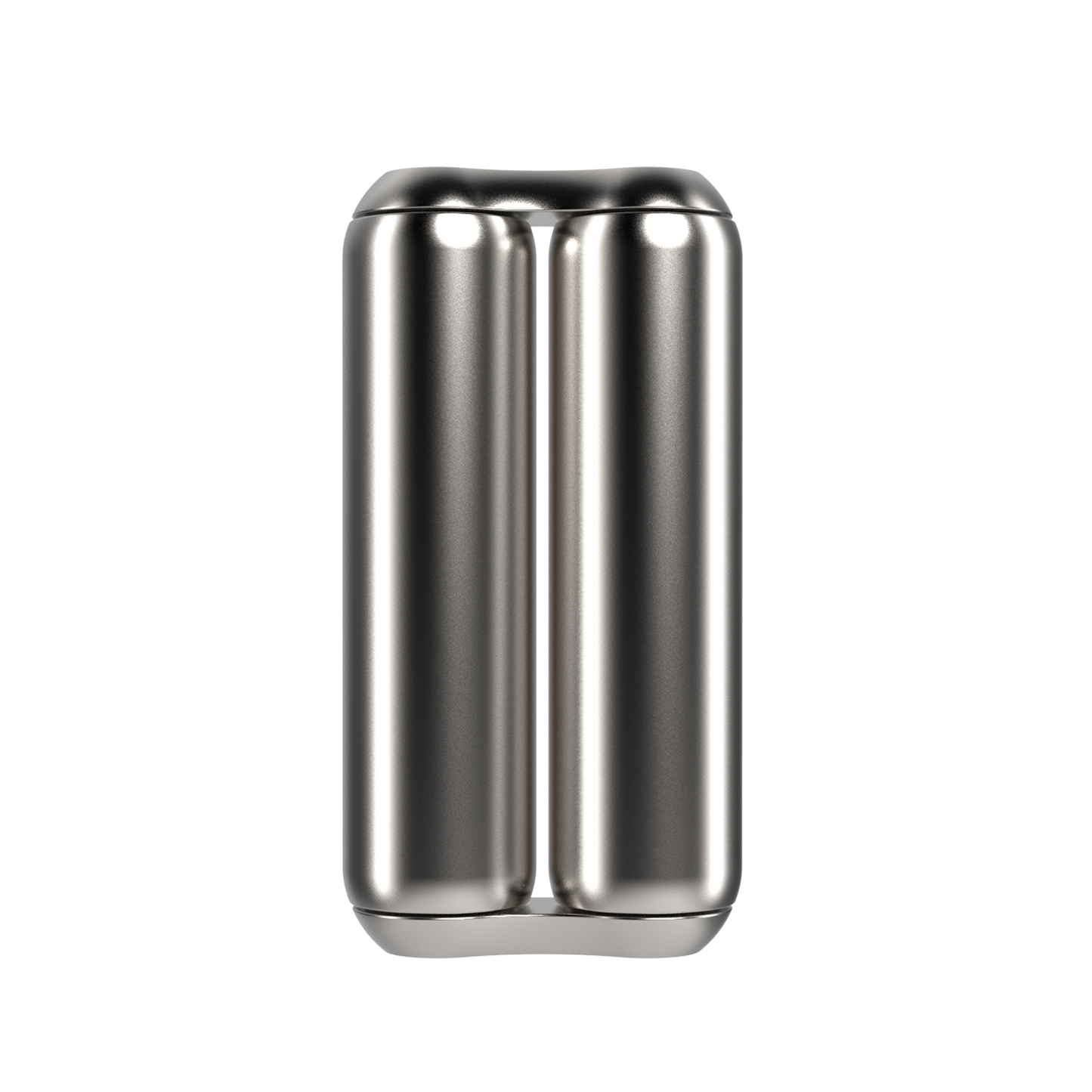 The ONO Roller Steel features two shiny, side-by-side cylindrical sections, creating a unique double-barrel shape. Made of steel, this eye-catching piece stands out as modern desk decor against a simple white background.