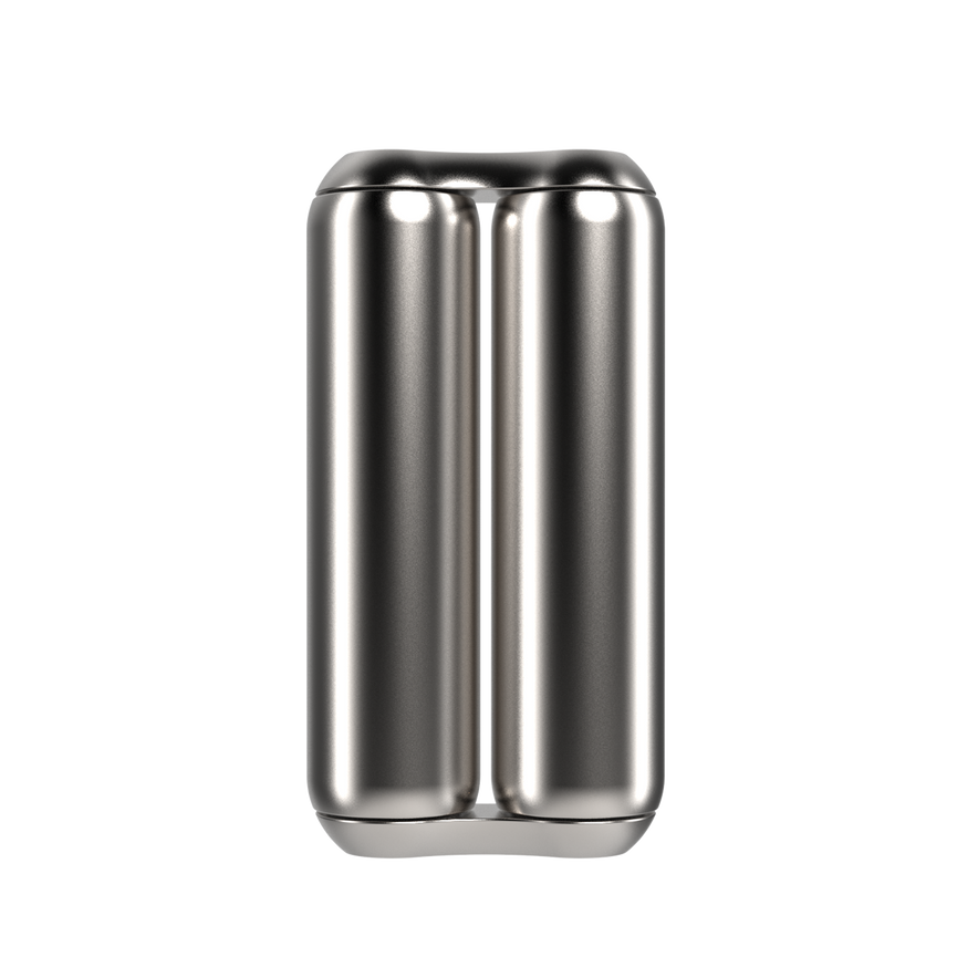 The ONO Roller Steel features two shiny, side-by-side cylindrical sections, creating a unique double-barrel shape. Made of steel, this eye-catching piece stands out as modern desk decor against a simple white background.