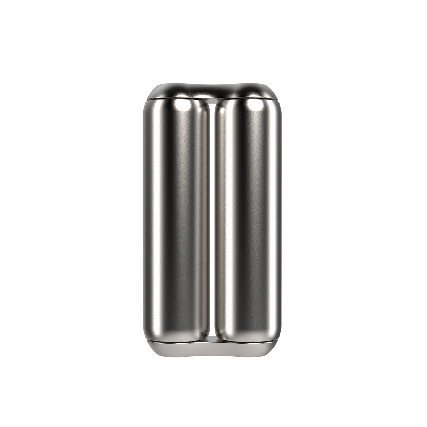 A shiny, metallic, double-barreled cylinder—likely an ONO Roller Steel fidget accessory—stands upright on a white background. Its smooth, reflective surface and seamless design make it ideal as sleek desk decor.