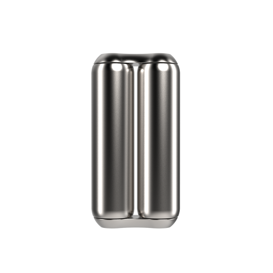 A shiny, metallic, double-barreled cylinder—likely an ONO Roller Steel fidget accessory—stands upright on a white background. Its smooth, reflective surface and seamless design make it ideal as sleek desk decor.