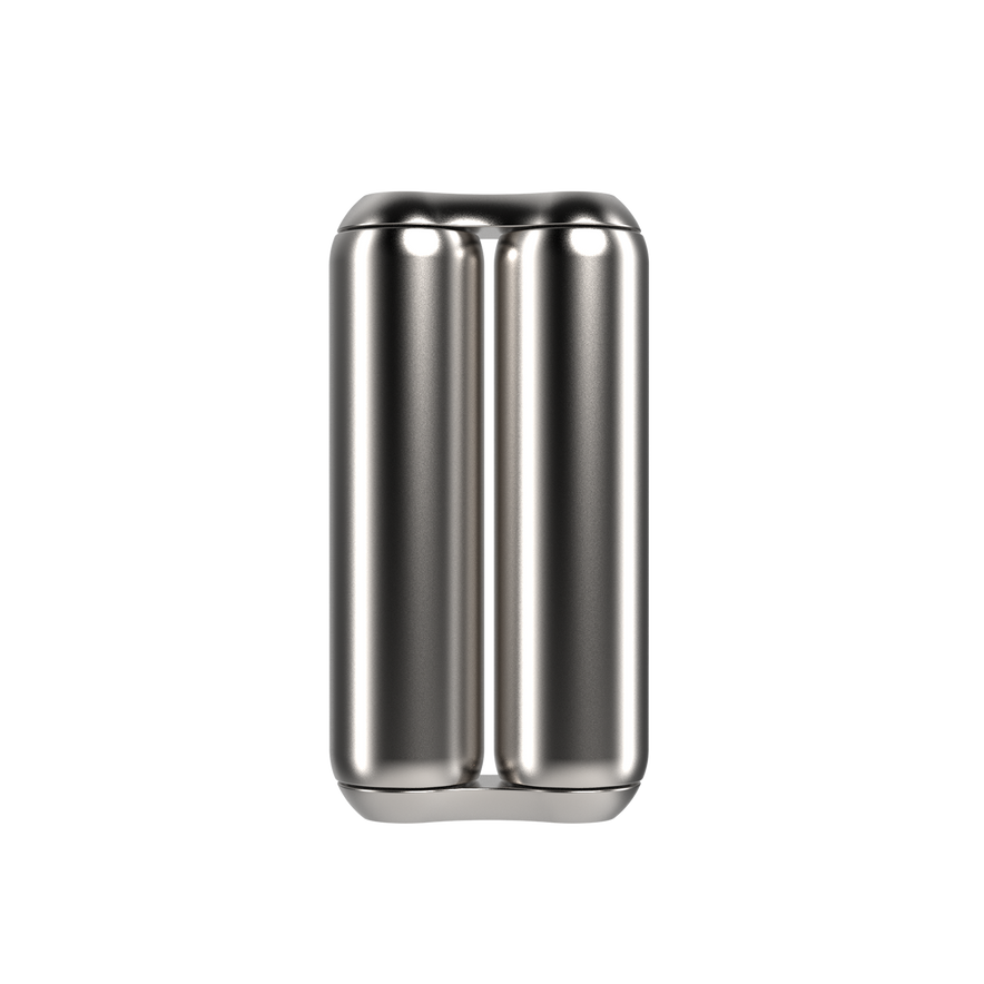 A shiny, metallic, double-barreled cylinder—likely an ONO Roller Steel fidget accessory—stands upright on a white background. Its smooth, reflective surface and seamless design make it ideal as sleek desk decor.