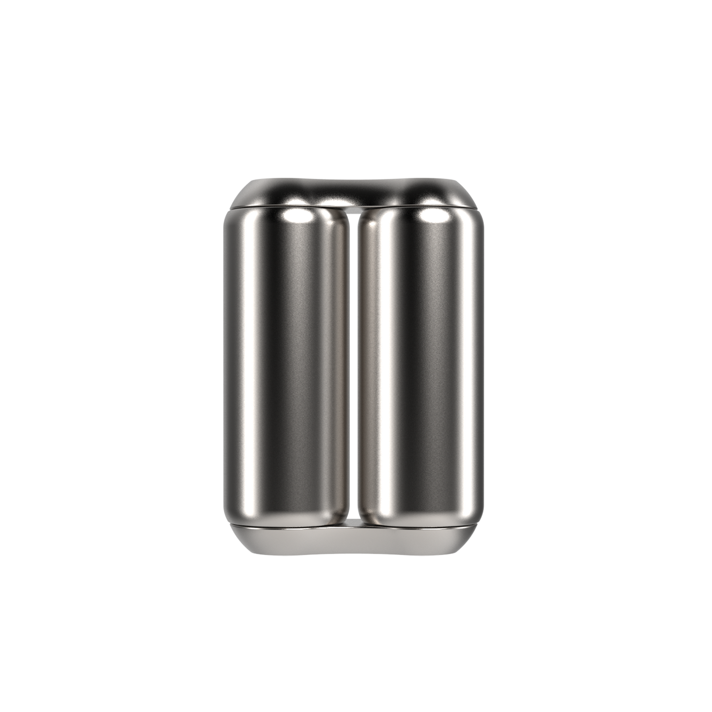 The ONO Roller Steel features two silver cylindrical steel sections fused side by side in a unique double-can design, making it an eye-catching desk decor piece or quirky fidget accessory. The product stands upright on a white background.