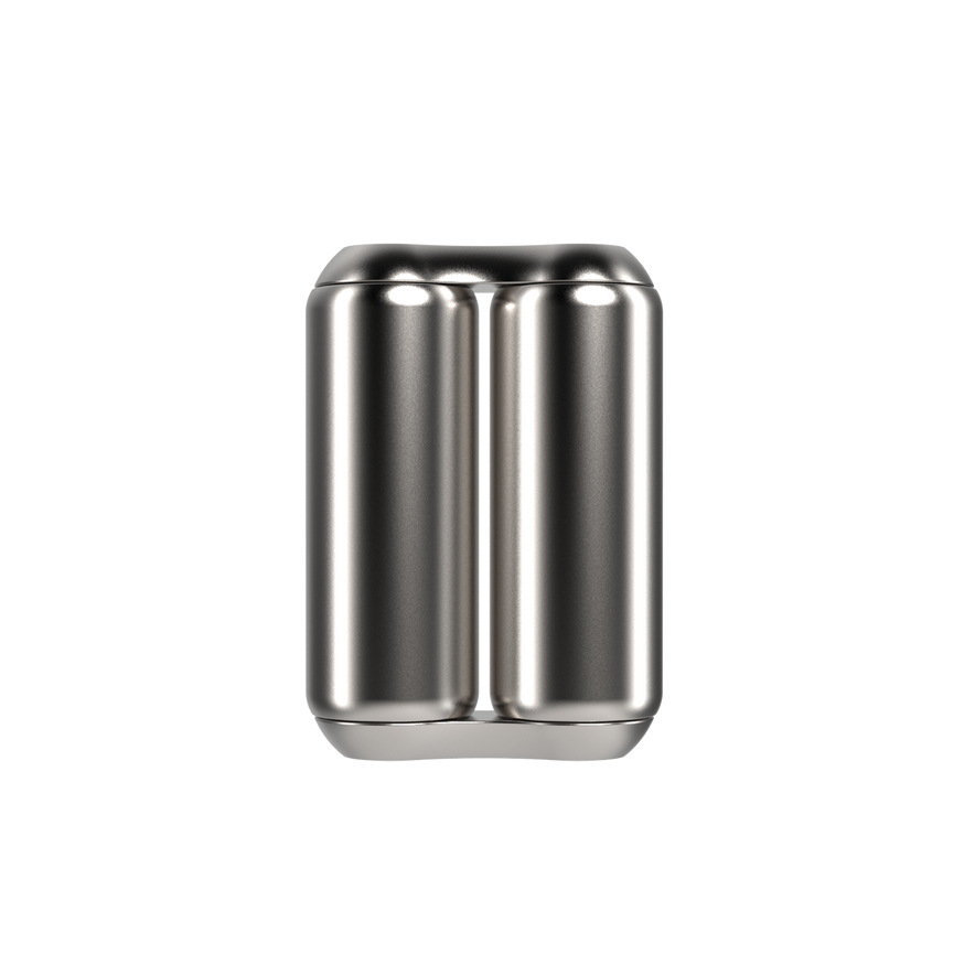 The ONO Roller Steel features two silver cylindrical steel sections fused side by side in a unique double-can design, making it an eye-catching desk decor piece or quirky fidget accessory. The product stands upright on a white background.