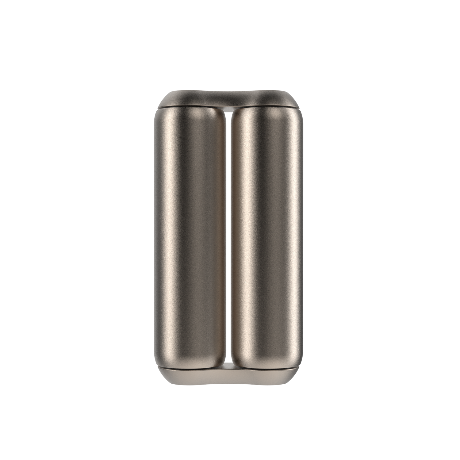 A sleek, metallic ONO Roller Titanium with two parallel rounded columns joined vertically—ideal as modern desk decor or a stylish fidget accessory.