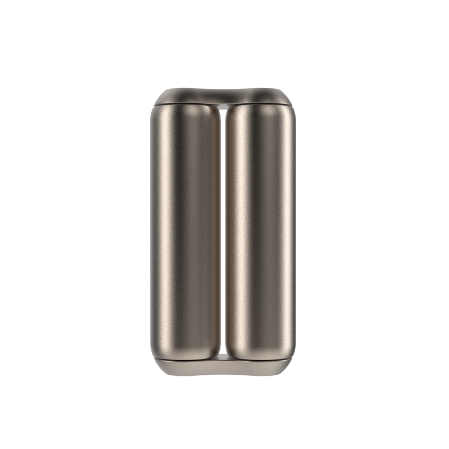 A sleek, metallic ONO Roller Titanium with two parallel rounded columns joined vertically—ideal as modern desk decor or a stylish fidget accessory.