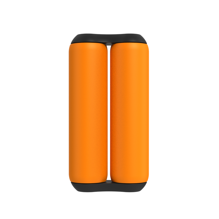 The ONO Roller Soft Touch Plastic, in orange, features two vertically joined cylindrical sections with black caps. This silent fidget toy offers stress relief as a smooth roller and is shown against a white background.