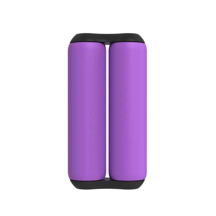 Two ONO Roller Soft Touch Plastic fidget toys in purple, each with black end caps, stand vertically side by side on a white background—perfect as silent stress relief rollers.