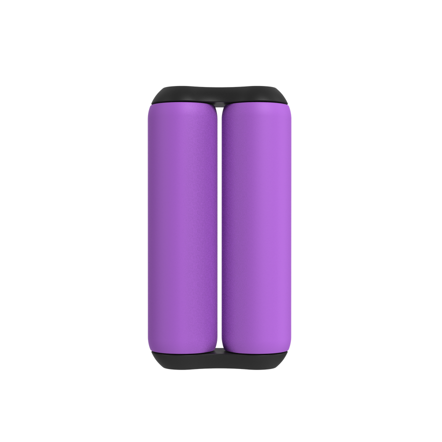 The ONO Roller Soft Touch Plastic in purple features two vertically aligned cylindrical foam rollers, joined with black end caps, creating a silent stress relief tool displayed against a plain white background.