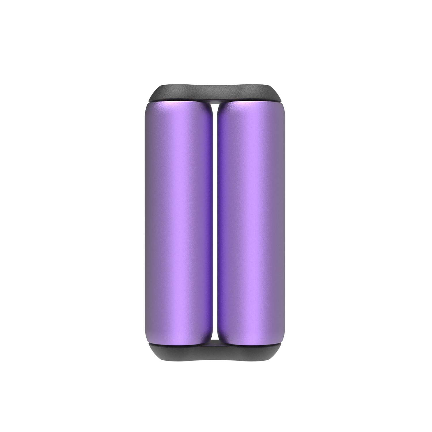 A pair of cylindrical, violet ONO Roller Aluminum fidget rollers with rounded black ends are placed upright side by side against a white background—perfect for fidgeting.
