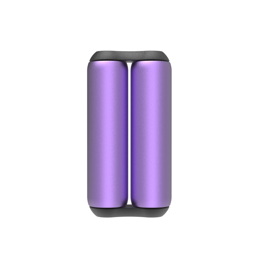 A pair of cylindrical, violet ONO Roller Aluminum fidget rollers with rounded black ends are placed upright side by side against a white background—perfect for fidgeting.