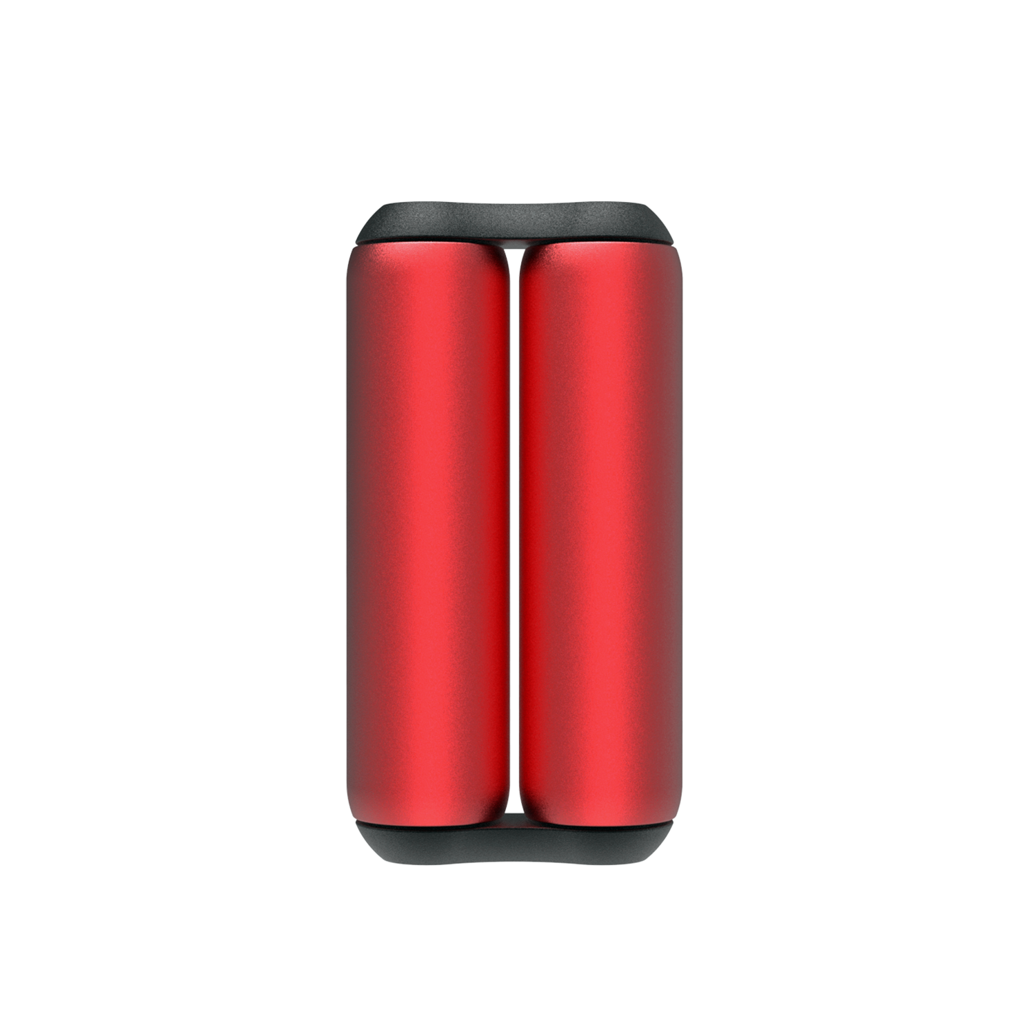 A pair of ONO Roller Aluminum in red, featuring metallic cylindrical bodies with rounded black caps, stand upright side by side against a white background—ideal for fidgeting.