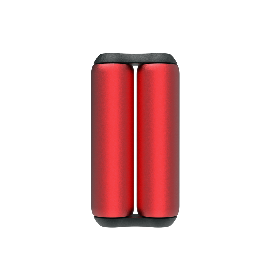 A pair of ONO Roller Aluminum in red, featuring metallic cylindrical bodies with rounded black caps, stand upright side by side against a white background—ideal for fidgeting.