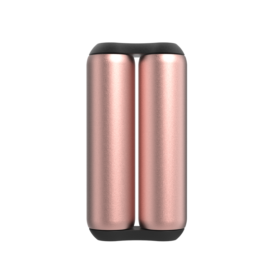 A pair of ONO Roller Aluminum in Rose Gold stand vertically side by side with black caps on each end, set against a white background—ideal for fidgeting.