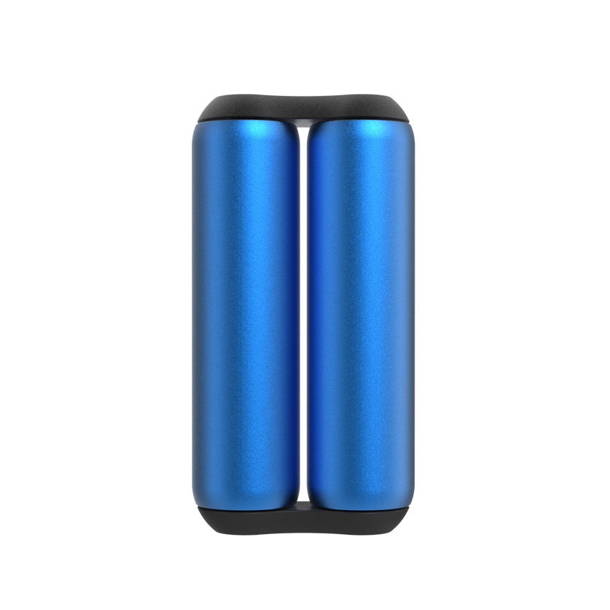 A pair of ONO Roller Aluminum fidget rollers in sapphire blue with black caps stand upright side by side against a white background—ideal for fidgeting.