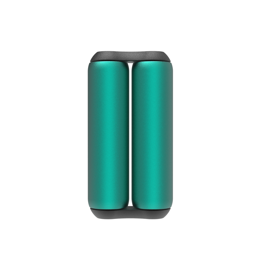 A pair of turquoise ONO Roller Aluminum fidget rollers with rounded black ends are positioned vertically side by side against a white background.