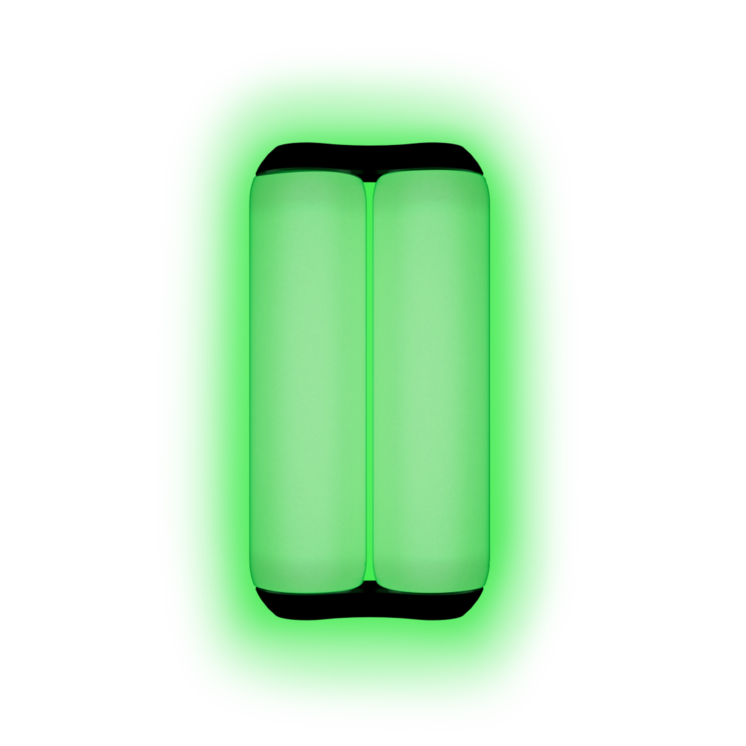 A pair of ONO Roller Soft Touch Plastic fidget toys, Glow In The Dark color, are placed side by side on a bright green background and viewed from above.