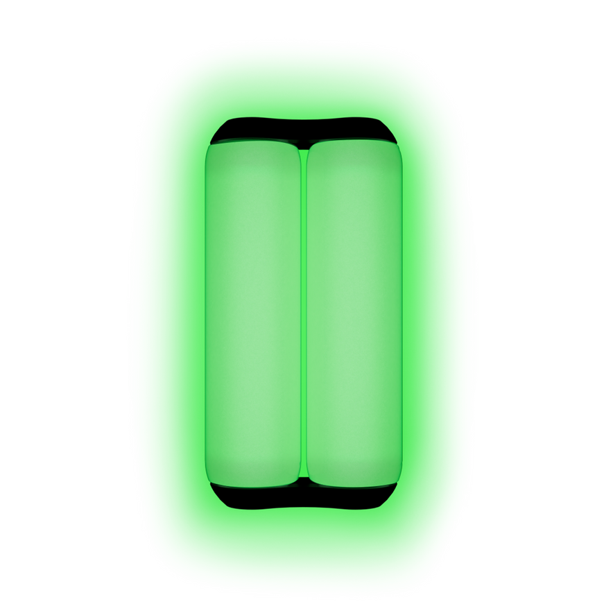 A pair of ONO Roller Soft Touch Plastic fidget toys, Glow In The Dark color, are placed side by side on a bright green background and viewed from above.