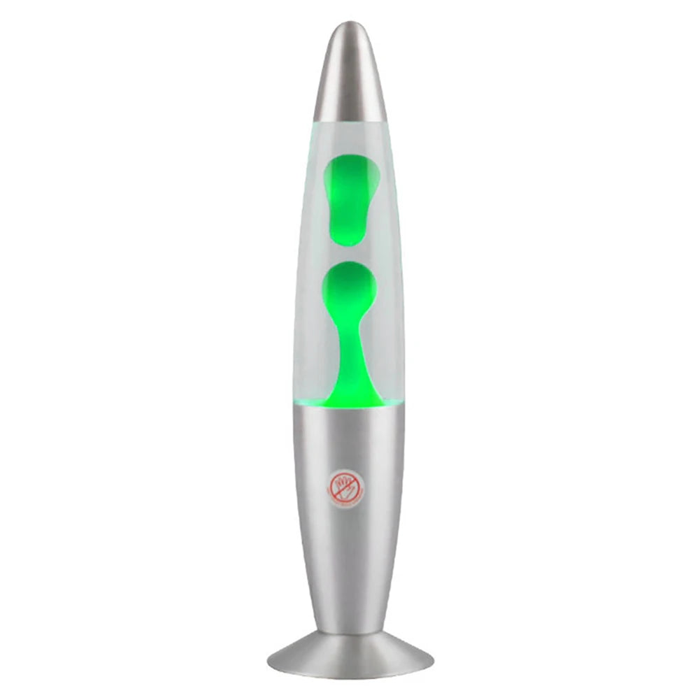 The Luminous Volcano Lava Jellyfish LED Night Light, a 25W atmosphere lamp, features silver with green wax blobs floating in clear liquid. Its metallic, slightly conical base and top enhance the glow, making it perfect for creating a relaxing ambiance and soothing illumination.