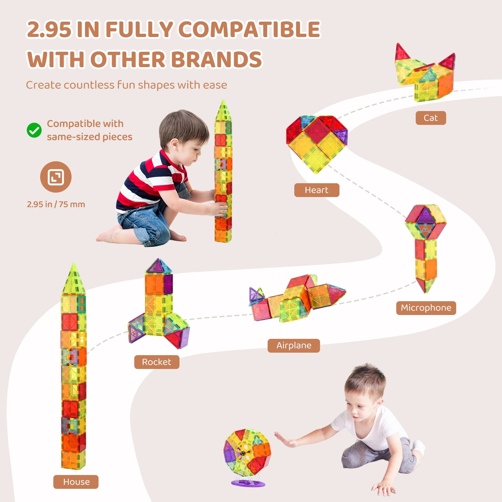 Two children engage in STEM learning with the VEVOR 180PCS Magnetic Tile Set, crafting shapes like a rocket and house. This educational toy is compatible with other brands and features 2.95-inch block sizes.