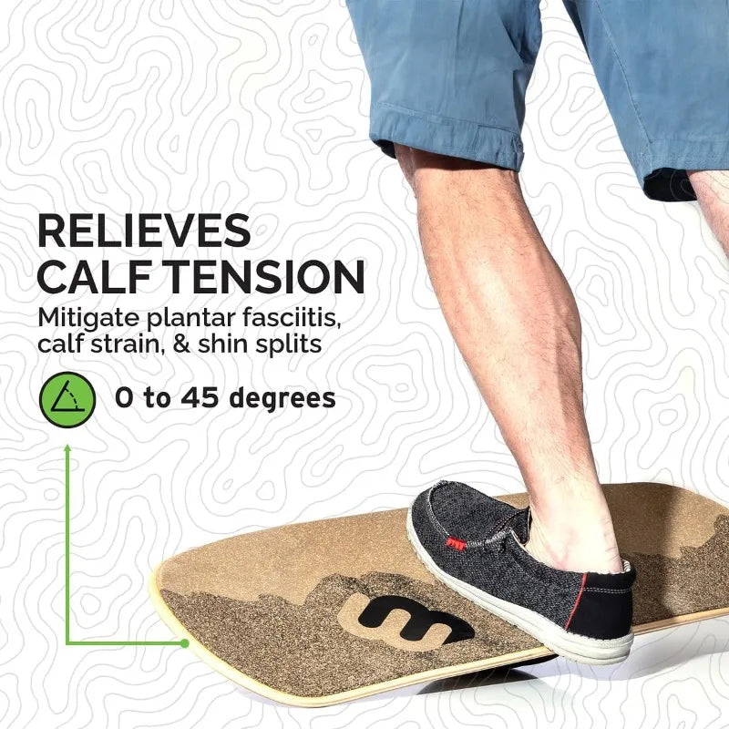 A person uses the Wide Standing Desk Balance Board for Anti Fatigue Comfort, wearing blue shorts and slip-ons. Text: Relieve calf tension. Reduce plantar fasciitis, calf strain & shin splints with 3D motion. Adjustable 0–45°.