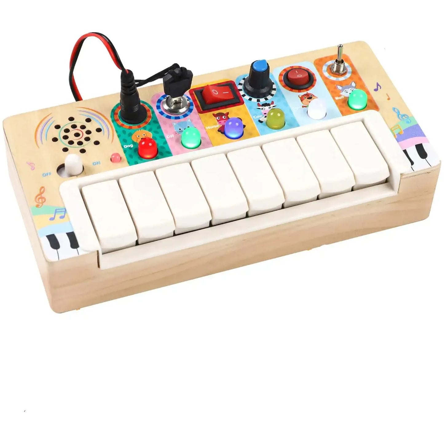 The Multifunctional LED Piano Busy Board for Toddlers is an educational wooden activity toy featuring a vibrant LED piano synthesizer. It includes colorful buttons, knobs, and switches to enhance fine motor skills, with a cable attached at the top left.