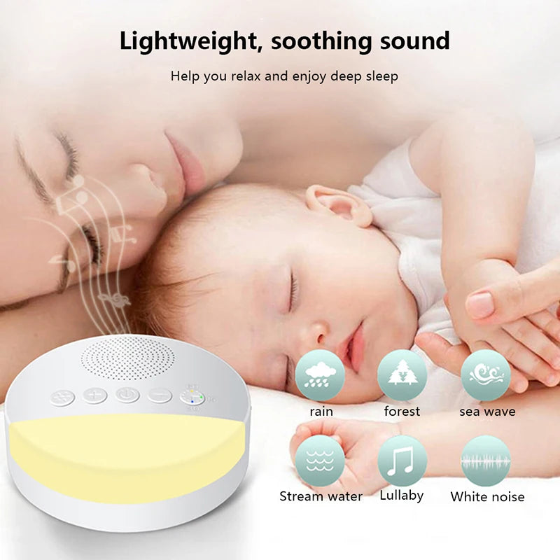A woman and baby rest beside the Baby White Noise Machine USB Rechargeable Sleep Sound Player with Night Light and Timer. Icons show soothing sounds: rain, forest, sea wave, stream water, lullaby & white noise. Text highlights “Lightweight, USB Rechargeable.