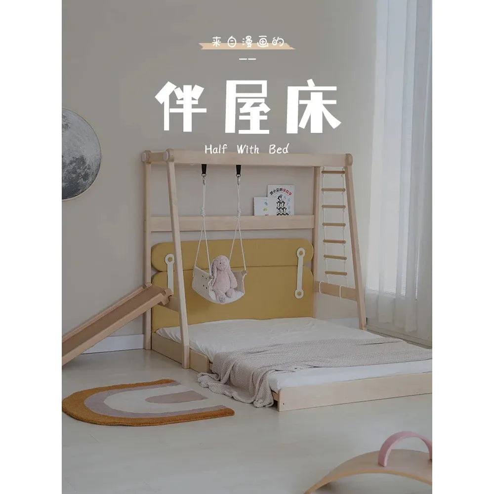 A Versatile Solid Wood Childrens Bed with Climbing Frame and Swing Features includes a beige mattress below, slide, and small ladder. A stuffed animal hangs from the frame in a minimalistic room with a moon wall decoration, a rainbow-shaped rug, and text in Chinese and English.