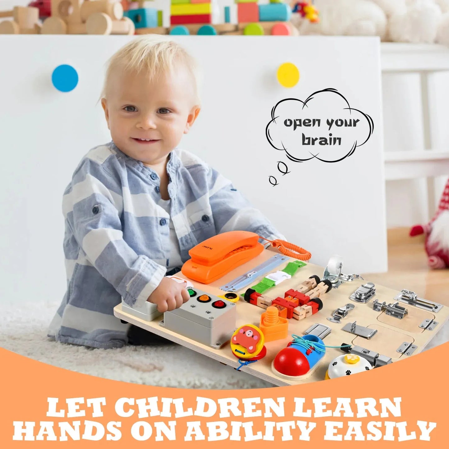 A child sits on the floor, smiling while playing with the Interactive Wooden Activity Board for Children, featuring switches, gears, and buttons. A thought bubble above reads open your brain, with text below stating Let children learn hands-on ability easily.