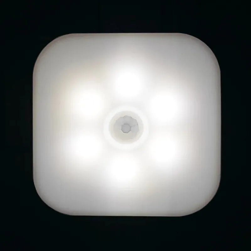 The Dimmable Motion Sensor LED Night Light, featuring a central circle and six lights in a square with rounded corners, provides bright, energy-efficient illumination for babys rooms and corridors.