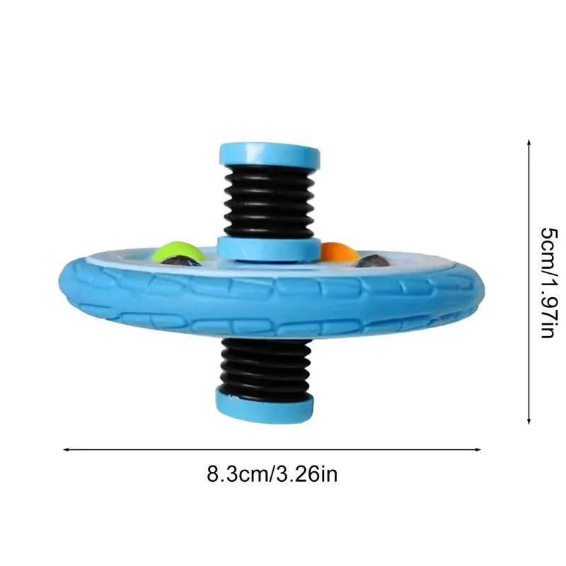 The Pop Fidget Toy Gyro features a blue, round design with two black threaded handles, measures 8.3 cm x 5 cm, contains colorful beads inside, and is made from safe materials without harmful chemicals. Ideal for birthday or classroom prizes.