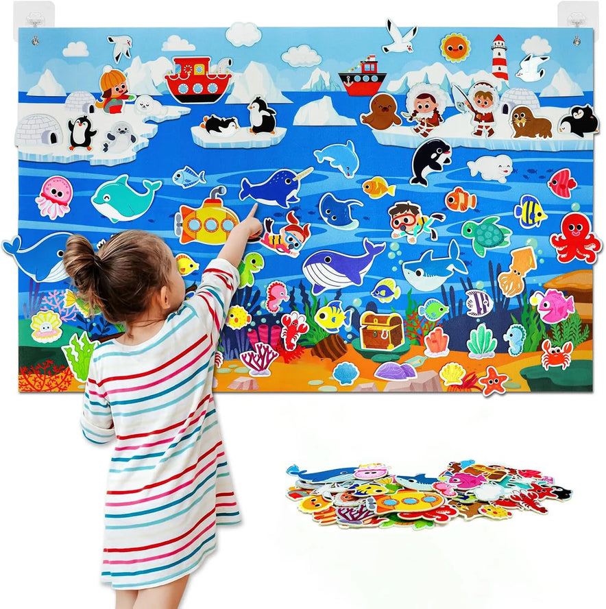 A young girl in a striped dress places vibrant farm animal felt pieces on the large Farm Animals Felt Story Board Set Interactive Play Kit for Toddlers. Extra educational felt pieces are scattered below. Color: B.