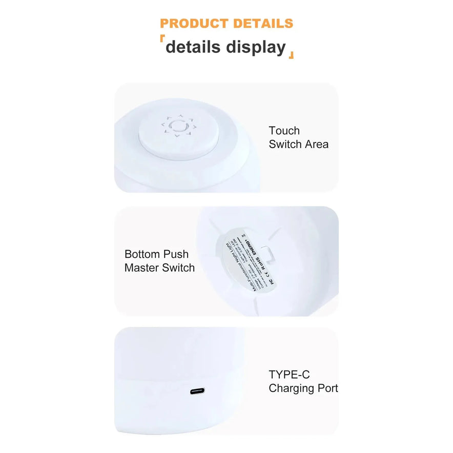 Image details a device: Top features a circular touch switch area for the Touch Control LED Night Light Lamp. Middle shows bottom push master switch labeled. Bottom has a USB Rechargeable TYPE-C charging port on the side, perfect for portable bedside and desk lighting.