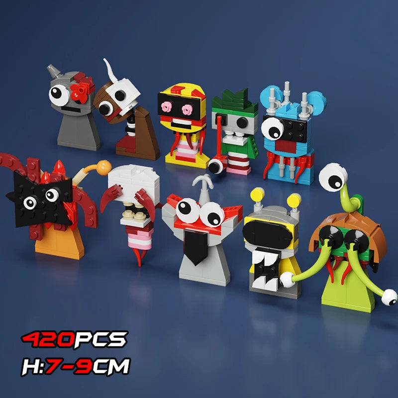 A set of 420pcs colorful Moc Incredibox Sprunki Horror Anime Music Game Building Blocks, featuring quirky monster figures with diverse shapes and accessories, is arranged on a blue surface. Text: 420PCS H: 7-9CM on the bottom left.