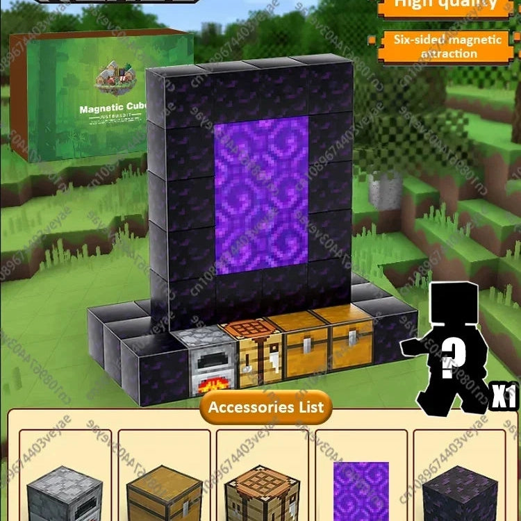 The Magnetic Building Blocks Mine World Magnet Cube Set (T034-32PCS) is a STEM Montessori toy for ages 3+, inspired by Minecraft, featuring 32 pieces including a shadowed character, accessories, and DIY building fun.