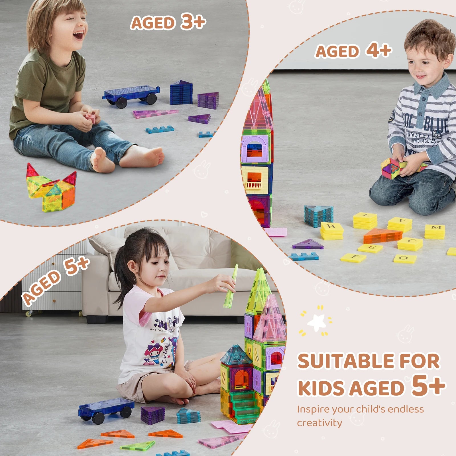 Three kids aged 3 and up enjoy using the VEVOR 121PCS Magnetic Building Blocks Set. Top left: a happy child aged 3+ with colorful tiles. Top right: a boy aged 4+ stacking letter blocks. Bottom: a girl aged 5+ building a tower. Text: Ideal for children ages 5 and up.