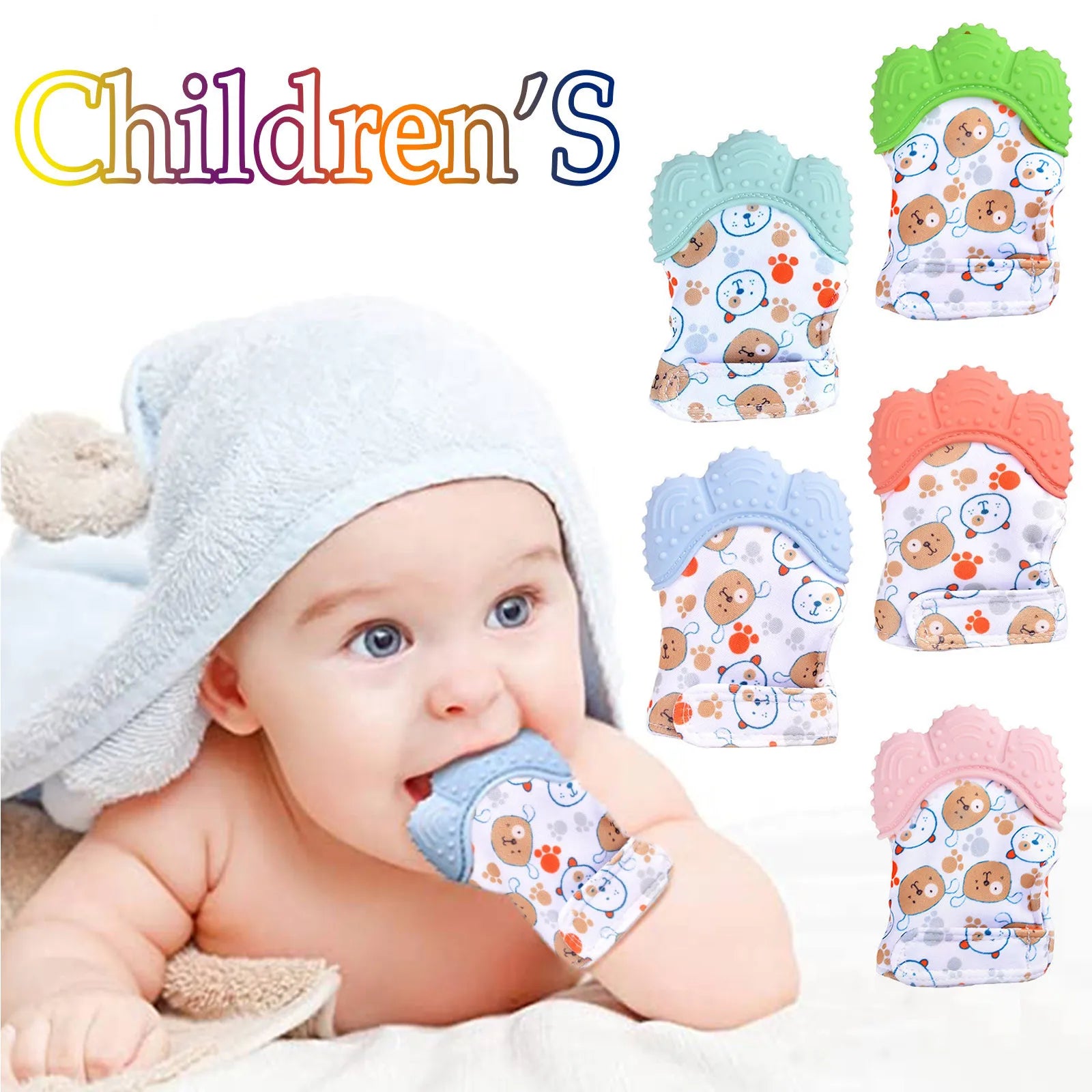 A baby with a towel on their head chews on a blue Baby Silicone Mitts Teething Mitten Cartoon Shaped Glove Soft Teether made from safe materials, surrounded by vibrant mitts in animal designs—blue, green, pink, orange, and white—with Childrens at the top.
