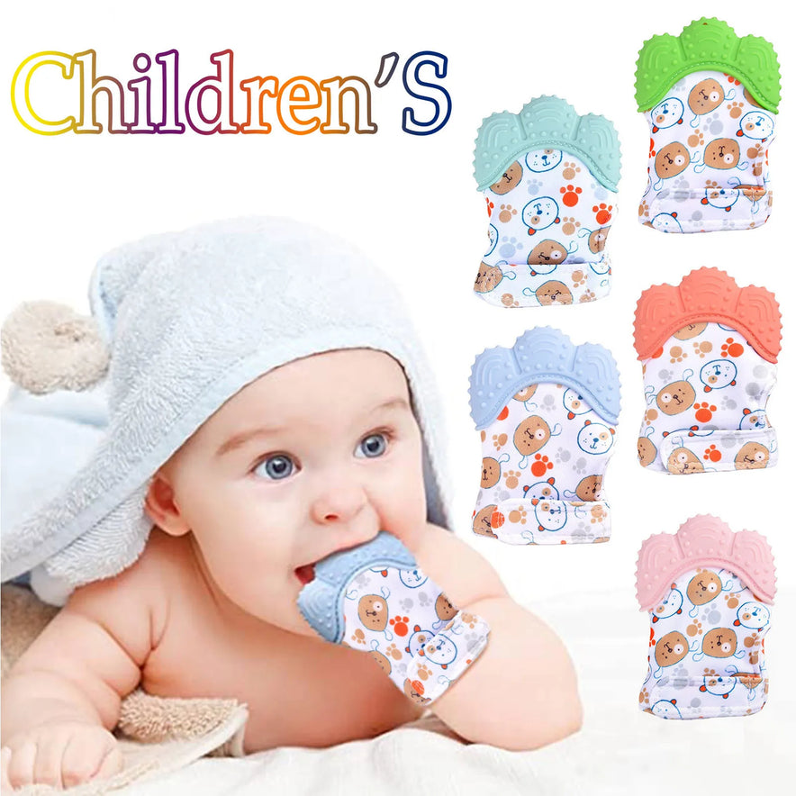 A baby with a towel on their head chews on a blue Baby Silicone Mitts Teething Mitten Cartoon Shaped Glove Soft Teether made from safe materials, surrounded by vibrant mitts in animal designs—blue, green, pink, orange, and white—with Childrens at the top.