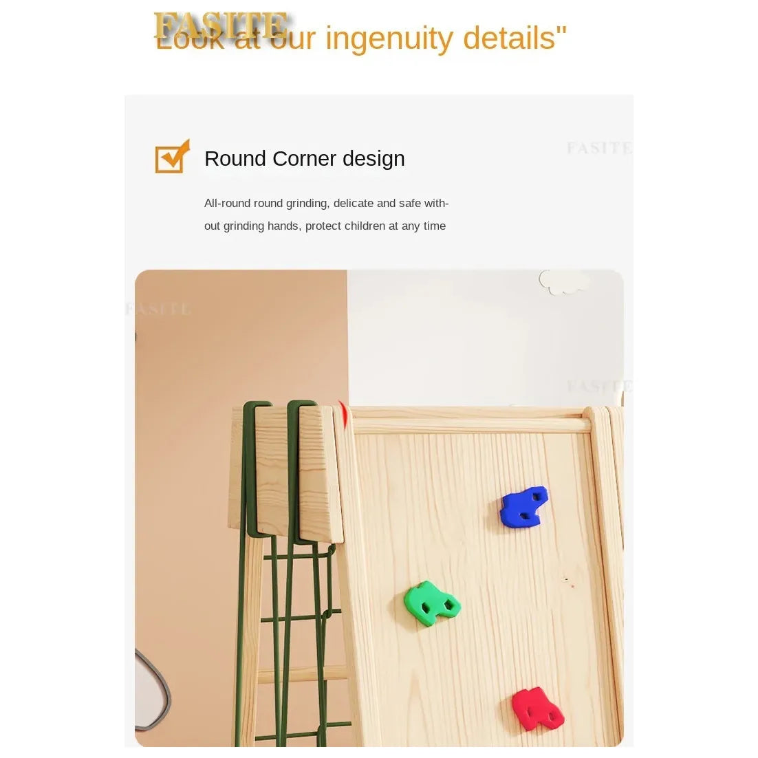 The Versatile Solid Wood Indoor Climbing Frame with Slide and Swing is displayed, featuring colorful pegs and rounded corners. Constructed from solid wood, it ensures safety with smooth edges and supports sensory development through its interactive design.