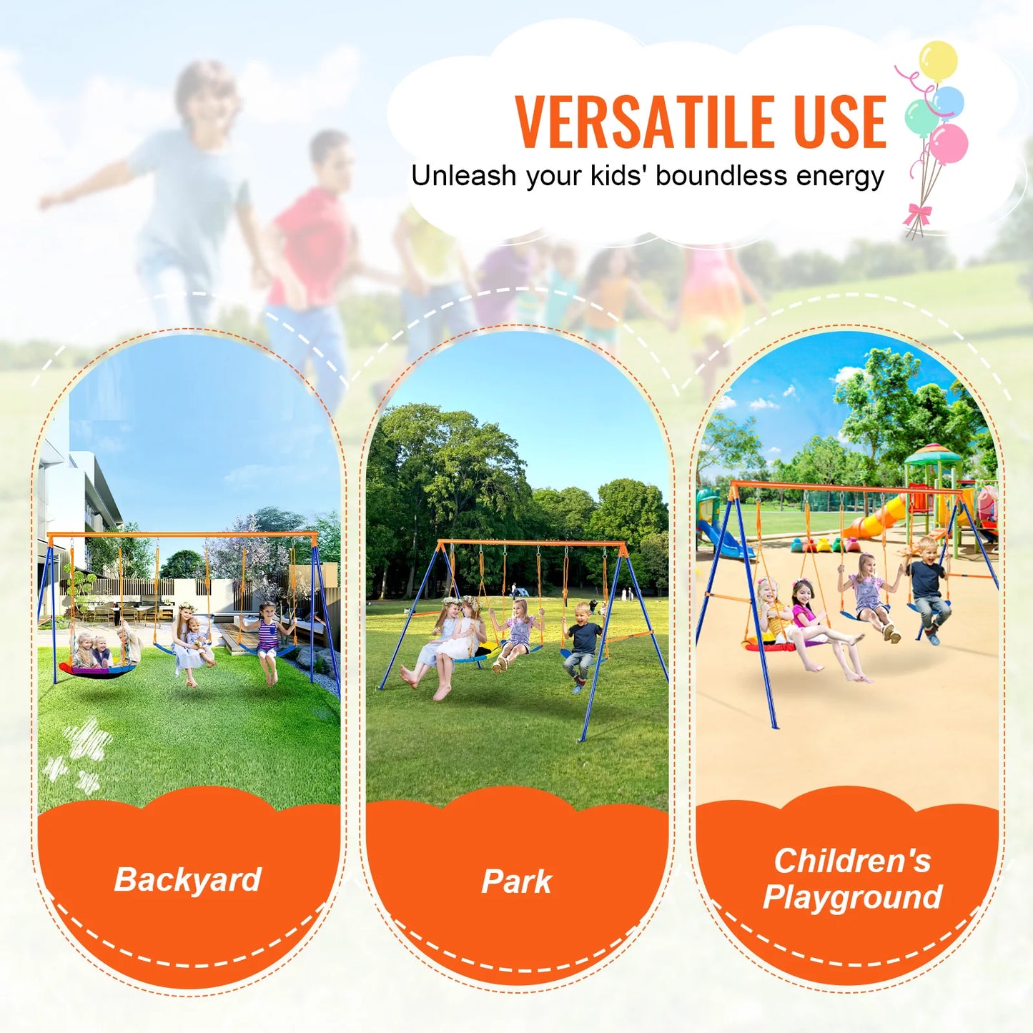 The image highlights three scenes of children enjoying swings labeled Backyard, Park, and Childrens Playground. It showcases the durable Backyard Adventure Swing Set with saucer and belt swings, featuring versatile use to unleash your kids boundless energy.