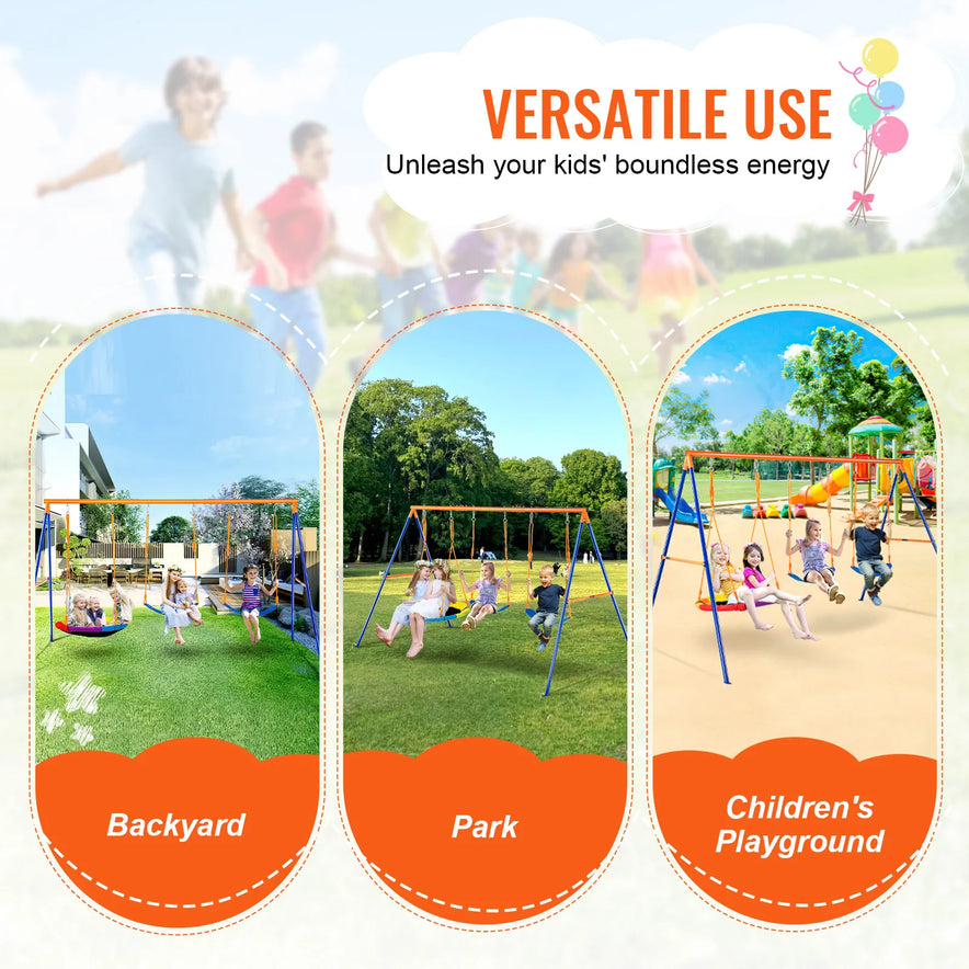 The image highlights three scenes of children enjoying swings labeled Backyard, Park, and Childrens Playground. It showcases the durable Backyard Adventure Swing Set with saucer and belt swings, featuring versatile use to unleash your kids boundless energy.