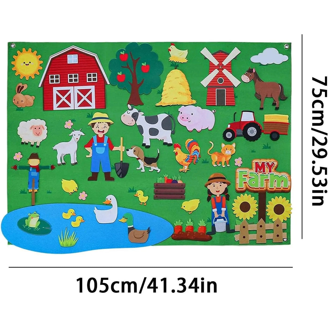 My Daily Calendar Farm Transportation Felt Story Board for Toddlers features a colorful farm scene with animals, barn, windmill, tractor, pond, and crops. Montessori-inspired and labeled in cm/inches; measures 105x75 cm. Color: Farm.