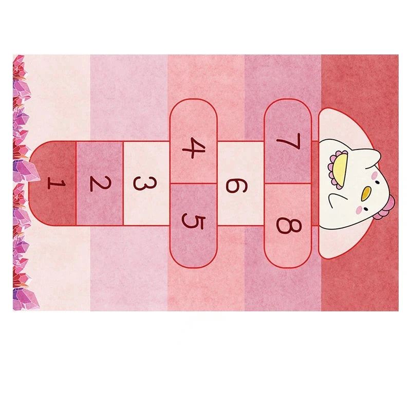 The Childrens Play Hopscotch Carpet (Color: 07) features numbers 1–8, a crowned white cartoon in the top right, and crystals on the left edge—an anti-slip rug perfect for playrooms, bedrooms, or living rooms.