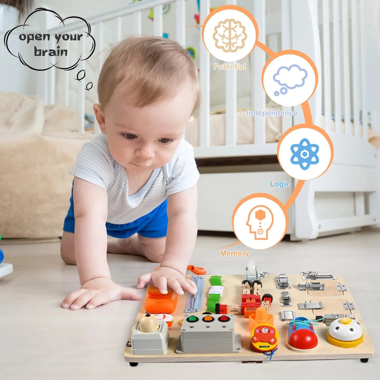 A baby in a blue shirt and diaper crawls on the floor, playing with an Interactive Wooden Activity Board for Children—an engaging sensory learning toy filled with colorful buttons and switches. A thought bubble reads Open your brain with icons labeled Potential, Independence, Logic, and Memory.