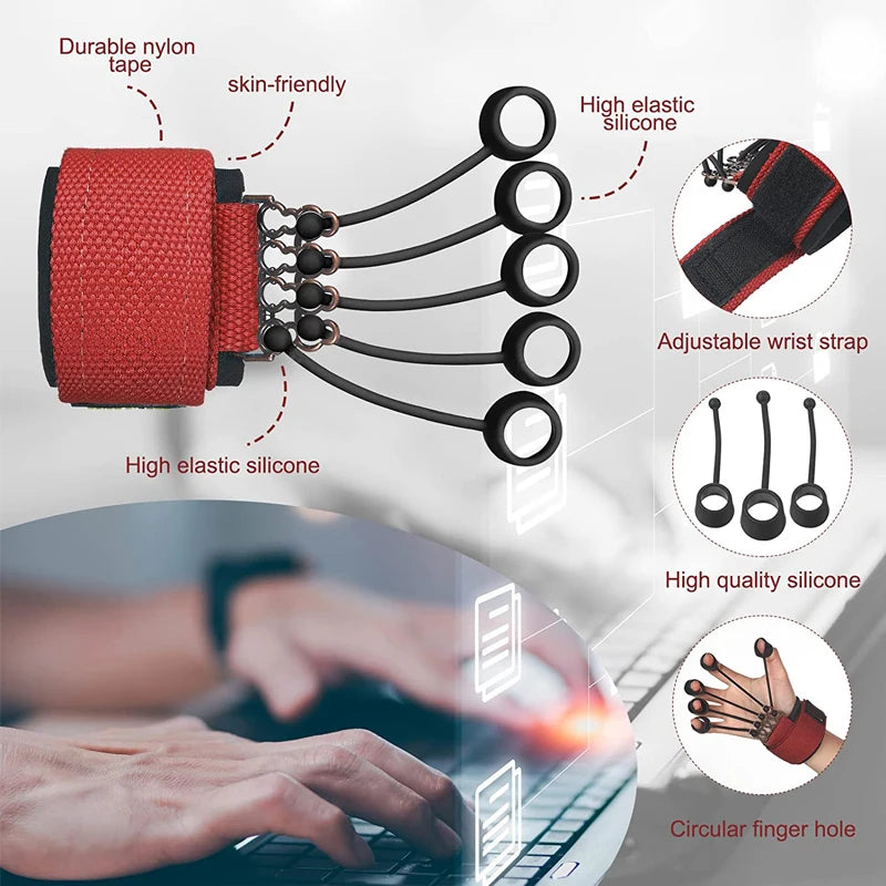 The image features the Forearm Grip Strengthener, a red adjustable wrist strap with elastic silicone bands and circular finger holes. Made from durable, skin-friendly nylon, its ideal for keyboard use or strength training to boost grip power.