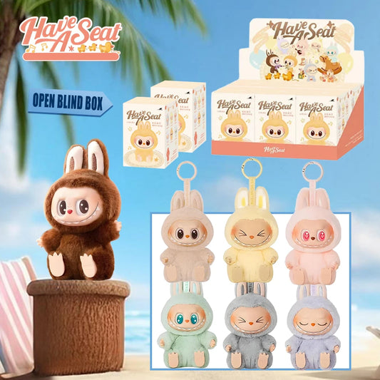 Display of Cute Labubu The Monsters Box Toy Sweetheart Vinyl Doll keychains in bunny costumes with a Have A Seat theme. Six pastel MINISO backpack plush pendant keychains appear with packaging and a palm tree backdrop, perfect for kawaii figure fans.