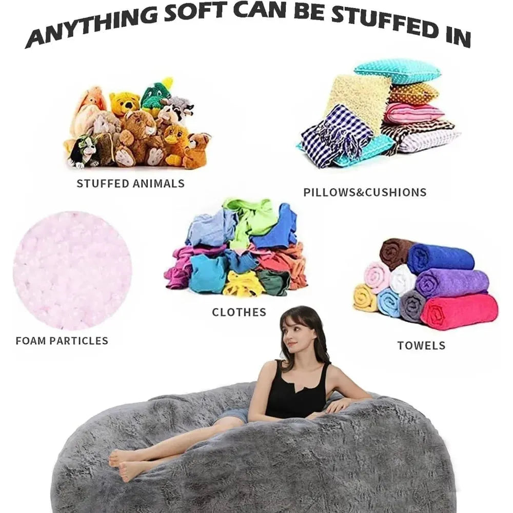 A collage showcases stuffing ideas for a Giant 6FT Cozy Plush Bean Bag Chair, including stuffed animals, pillows, clothes, foam particles, and towels. A woman relaxes on a large gray faux fur bean bag at the bottom. Text reads: ANYTHING SOFT CAN BE STUFFED IN.