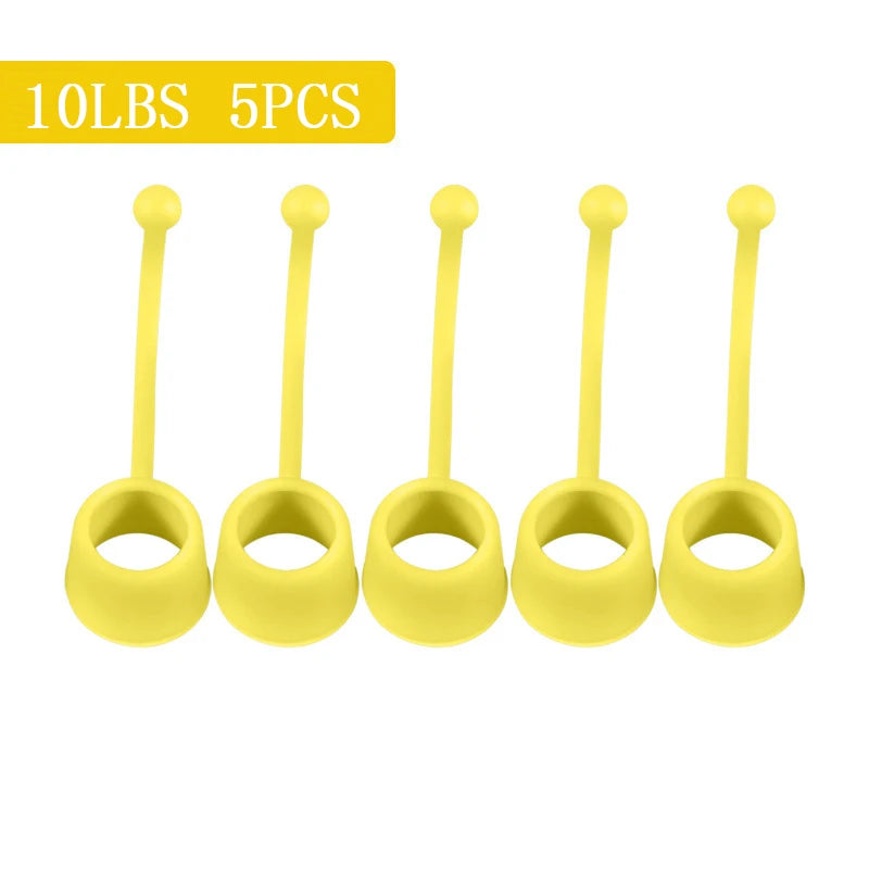 Five yellow silicone stretch lids with long tabs are evenly aligned, under a 10LBS 5PCS label. Perfect for keeping containers fresh and as a Forearm Grip Strengthener - Hand and Finger Trainer for Enhanced Grip Power.