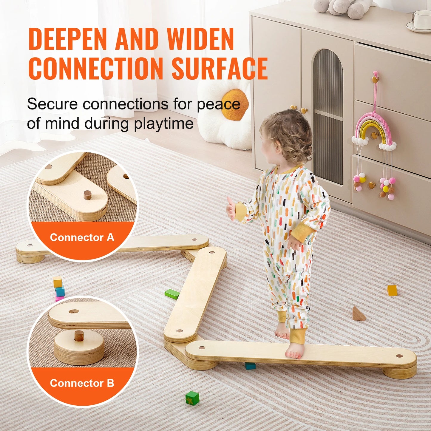A toddler in a colorful onesie plays on Wooden Toddler Balance Beam Stepping Stones, inspired by Montessori. Nearby shelves hold toys and decor, with close-ups of Connector A and Connector B showcasing secure playtime connections.