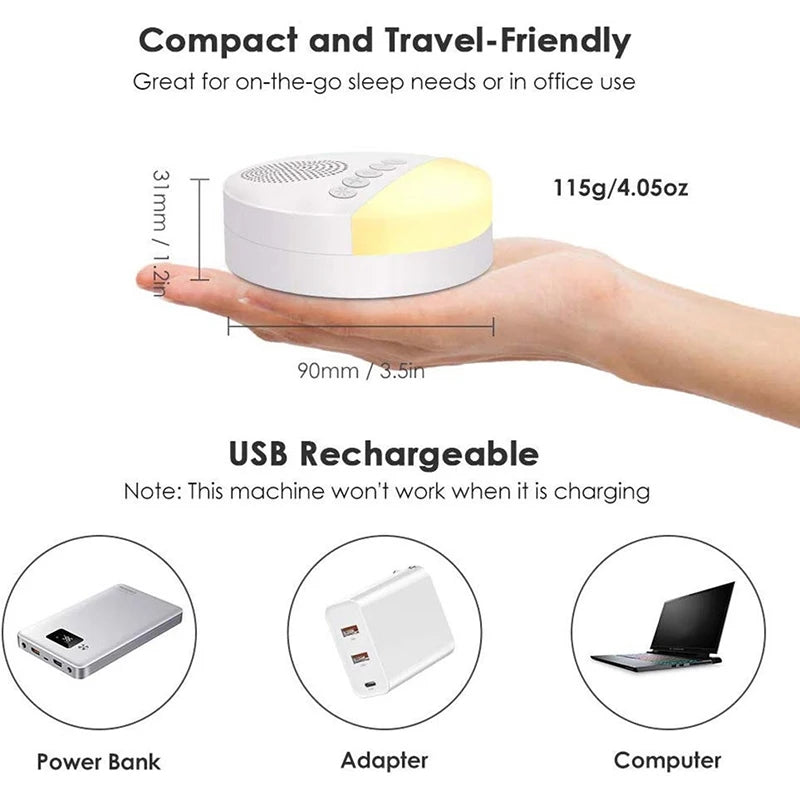 A hand holds the Baby White Noise Machine USB Rechargeable Sleep Sound Player with Night Light and Timer—just 115g, 90mm long. Portable for relaxation anywhere, it features soothing sounds and charges via power bank, adapter, or computer.